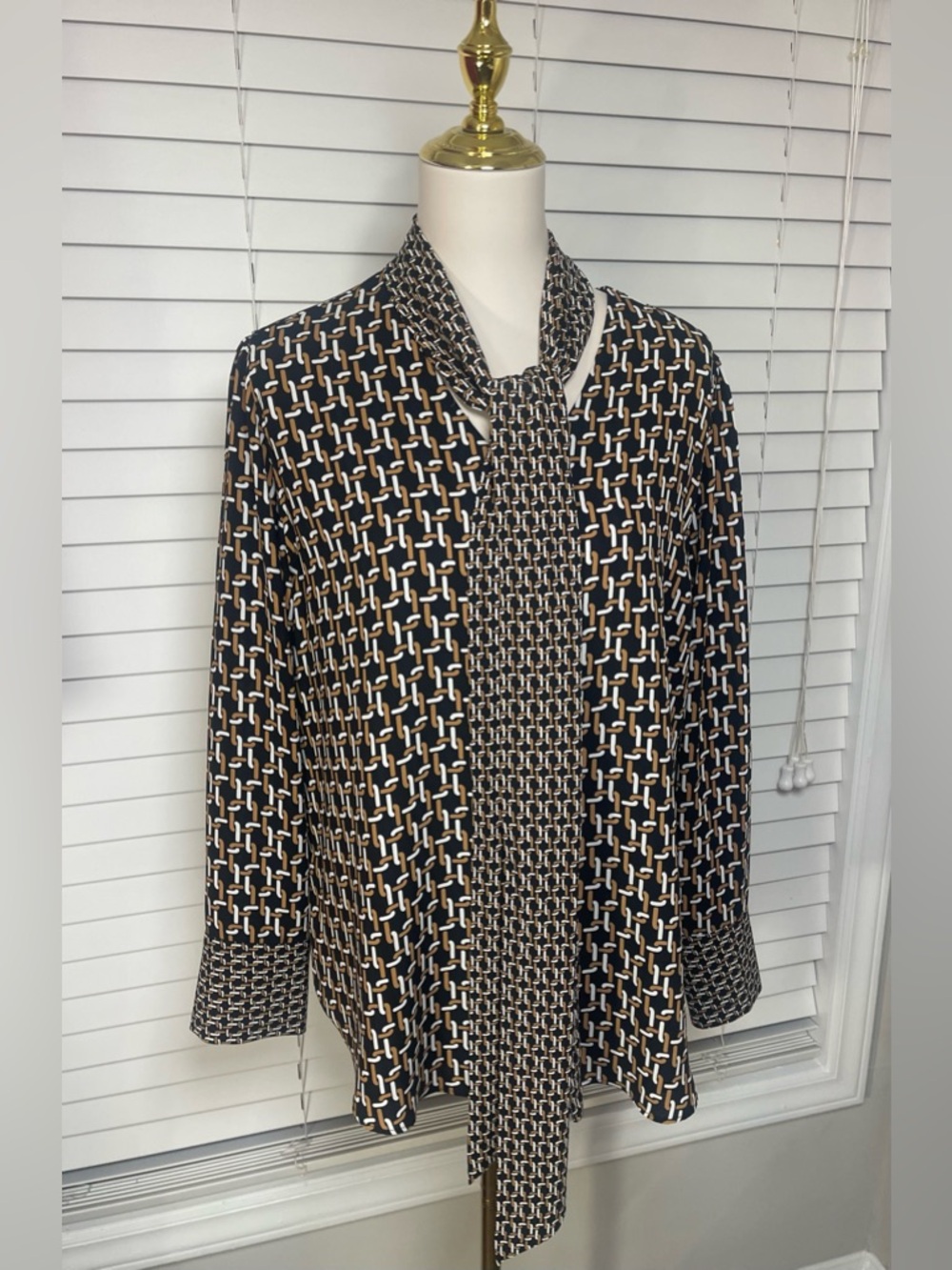 Geometric Print Tie-Neck Blouse in Black, White & Tan